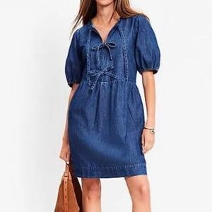 Loft Denim bow tie and puff sleeve dress. Fall 2025.